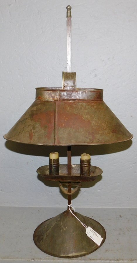 Early tin double candlestick lamp  with shade. (1 of 1)