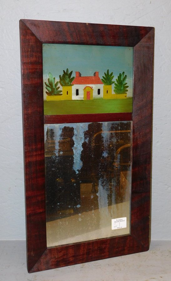 Ogee framed mirror with reverse painting.: Ogee framed mirror with reverse painting. 12" x 21".
