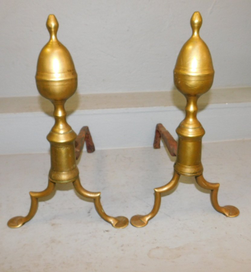 Pair of apron top 19th C brass andirons. 18" tall (1 of 1)