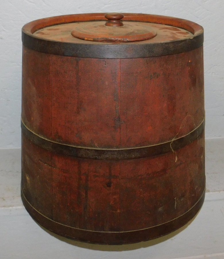 Antique Iron banded bucket with top. 13" tall. (1 of 1)