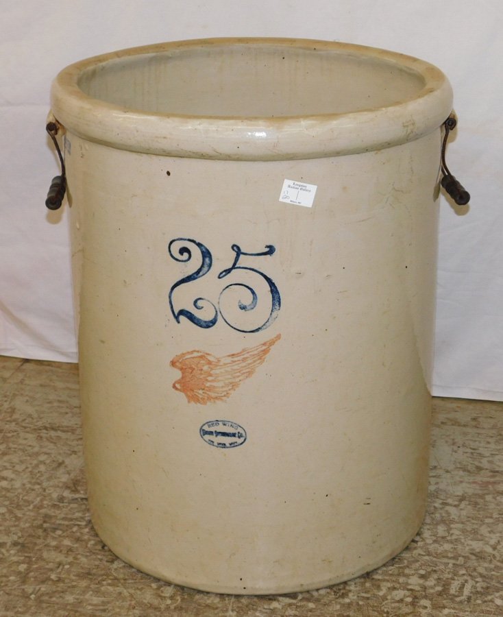 Red Wing blue dec. 25 gallon stoneware crock: Red Wing blue decorated 25 gallon stoneware crock 24" tall x 20" dia.