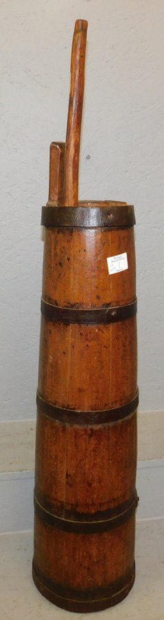 Early primitive iron banded butter churn with dasher. (1 of 1)