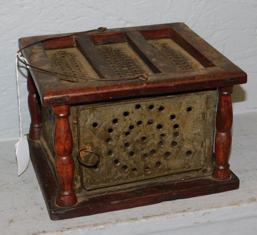 Tin and wood antique foot warmer. 8" x 9" x 6" tall. (1 of 1)