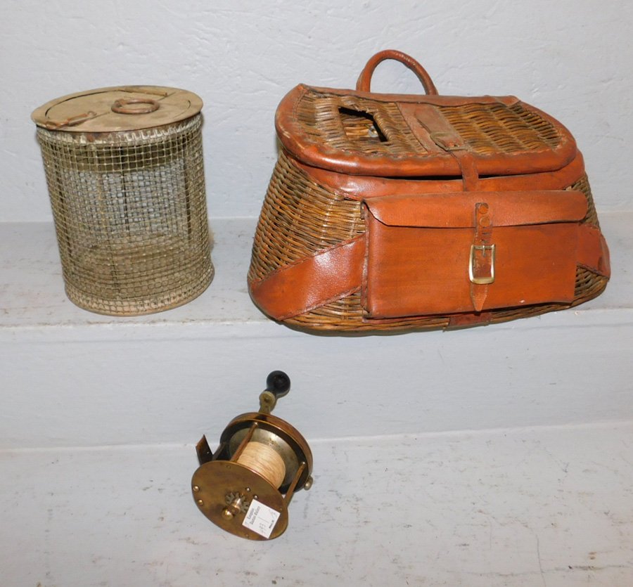 Ant fishing reel, cricket box & Pennell br fishing: Antique fishing reel, cricket box and Pennell brass fishing reel.