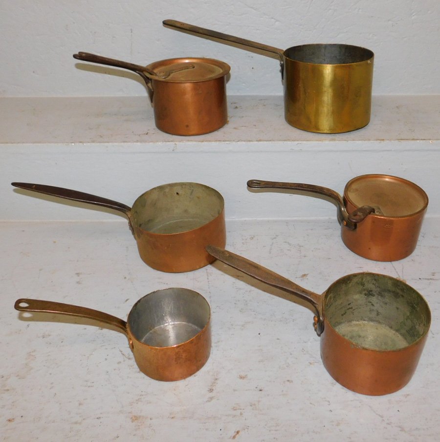 6 copper, brass & iron handled saucepans w/ 2 lids. (1 of 1)