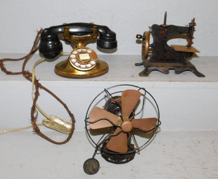 Brass base telephone, mini fan, Toy sewing mach. (1 of 1)