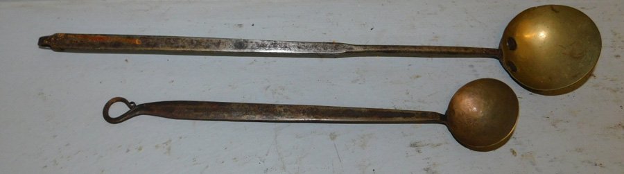 2 wrought iron handled brass dippers. To 17" long. (1 of 1)