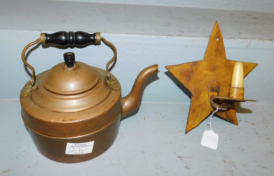 Early copper kettle & wrought iron candle sconce. (1 of 1)