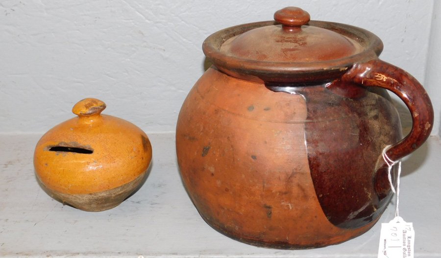 Large redware bean crock and redware bank. (1 of 1)