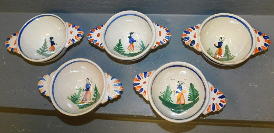 5 signed Quimper double handle Bouillons.: 5 signed Quimper double handle Bouillons. 4 1/4" dia.