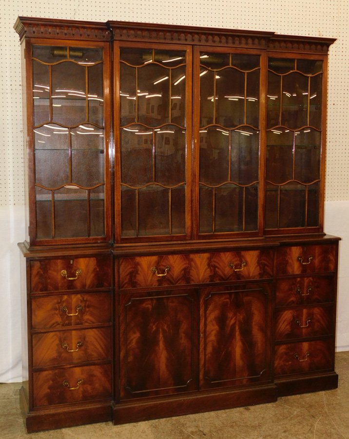 Mahogany glass door breakfront with butlers desk.: Mahogany glass door breakfront with butlers desk. 73" long x 19 3/4" deep x 83 1/2" tall.