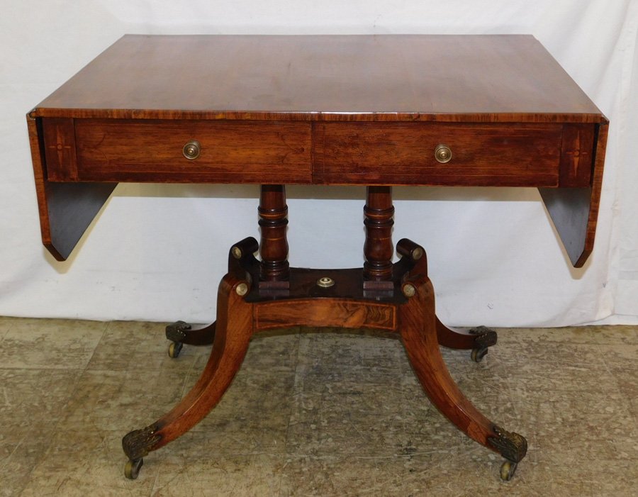 19th C mahogany drop leaf Regency serving table.: 19th C mahogany drop leaf Regency serving table. 55" open x 25" deep x 28" tall.
