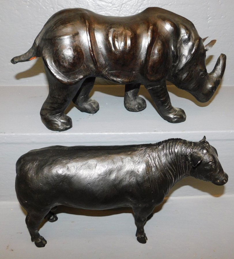 2 leather animal figure Breyer rhino and bull.: 2 leather animal figure Breyer rhino and bull. 16" and 13" long.