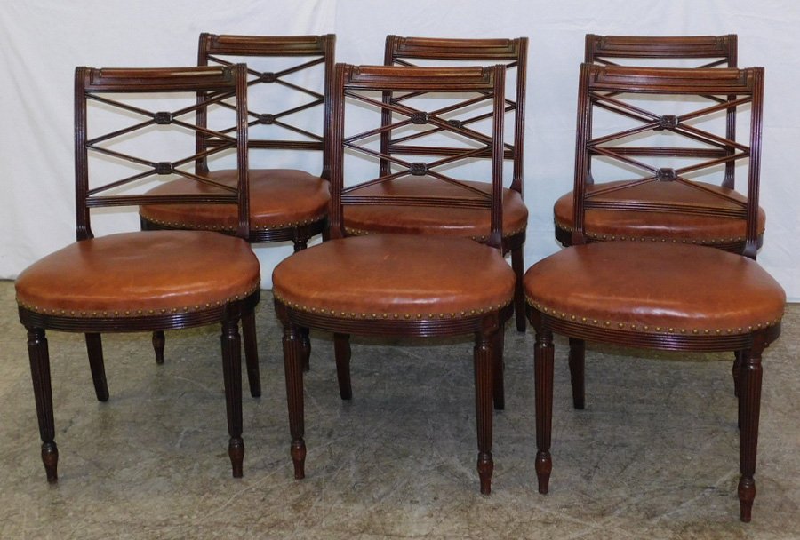 Set of 6 leather seat Sheraton chairs. 34" tall.: Set of 6 leather seat Sheraton chairs. 34" tall.