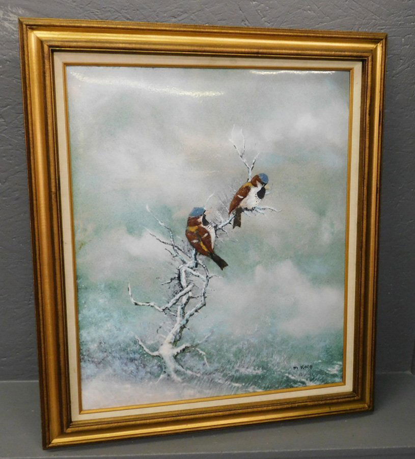 Max Karp enamel on copper painting of snowbirds.: Max Karp enamel on copper painting of snowbirds. 29" tall x 24".