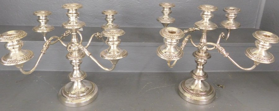 Pair of five branch silver-plate candelabras 14" tall: Pair of five branch silver-plate candelabras 14" tall