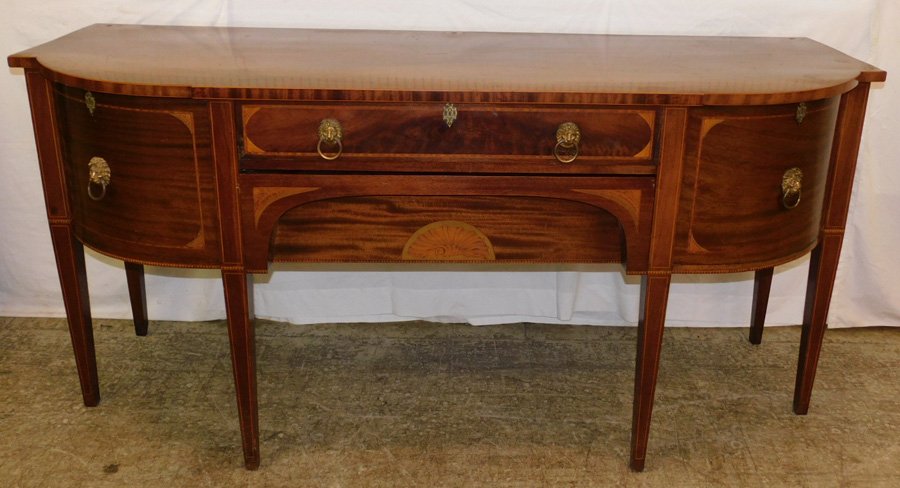 Inlaid mahogany Hepplewhite sideboard. (No gallery).: Inlaid mahogany Hepplewhite side board. (No gallery). 78" wide x 28" deep x 37" tall.