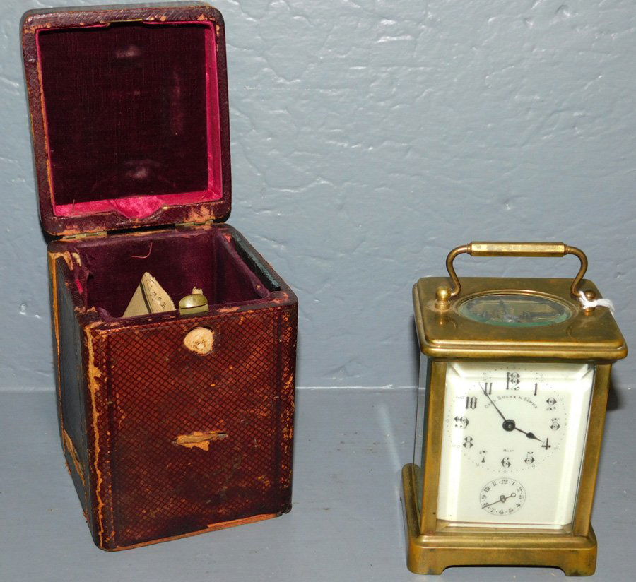 Antique Carriage clock by Carl Suchy & Sonne: Antique Carriage clock by Carl Suchy & Sonne with original case. 4 1/2" tall
