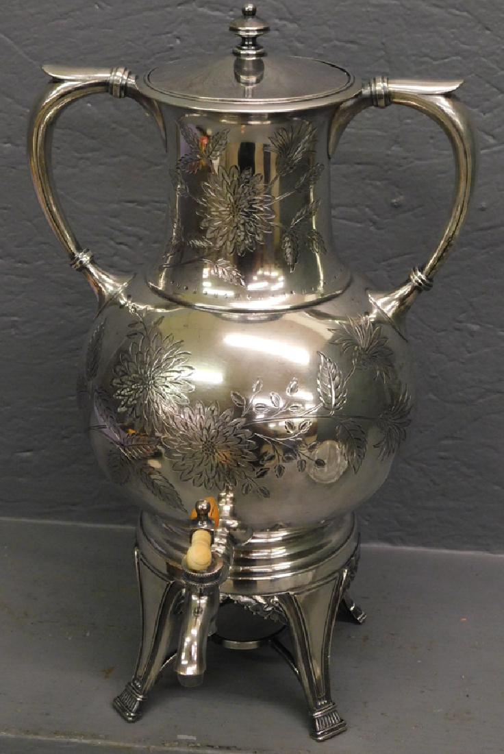 Silver plate Victorian hot water kettle. 15" tall. (1 of 2)