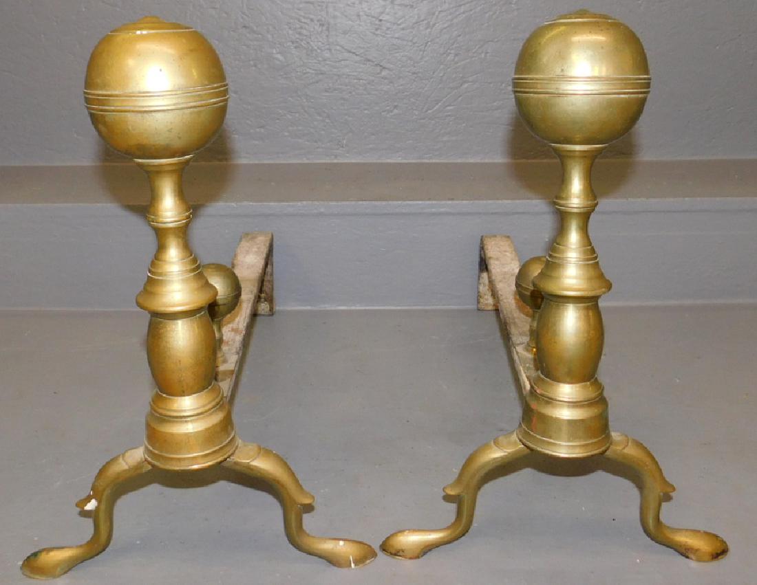 Pair of 18th C brass cannonball andirons. 16" tall. (1 of 1)