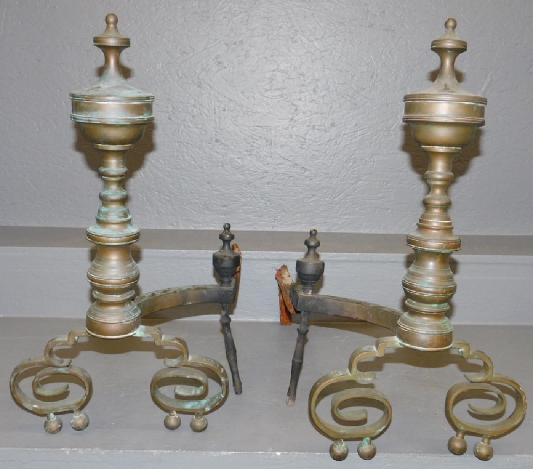 Pair of 19th C brass andirons. 20" tall. (1 of 1)