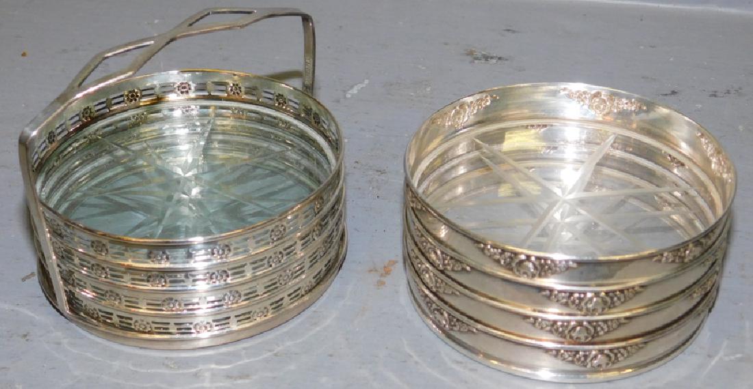2 sets of 4 sterl & etched glass coasters & holder. (1 of 3)