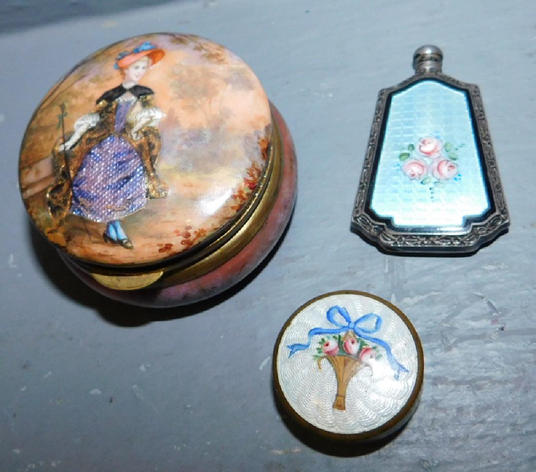 French enamel dresser box, sterl perfume & pill box. (1 of 2)