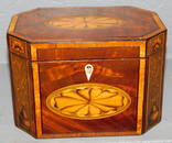 Inlaid fruitwood octagonal tea caddy