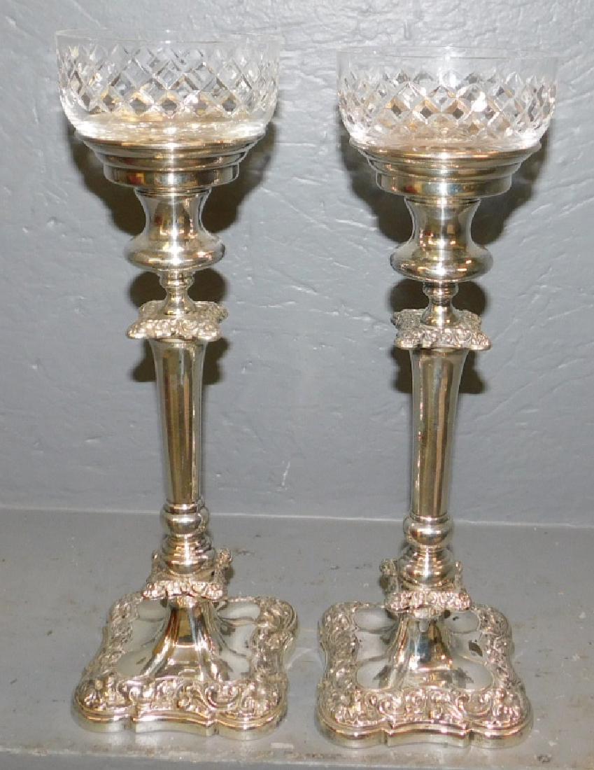 Pair silver plate candlesticks with glass inserts. (1 of 2)