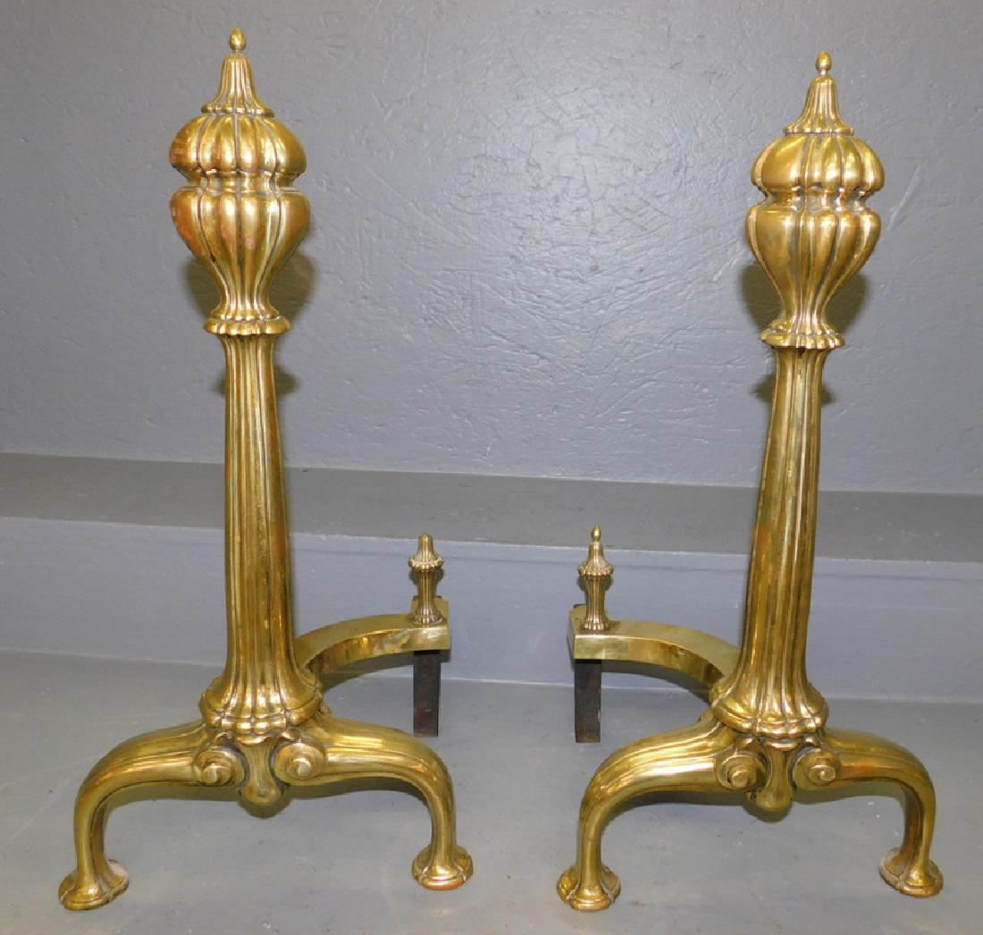 Pair polished brass William Jackson Co. andirons. (1 of 2)