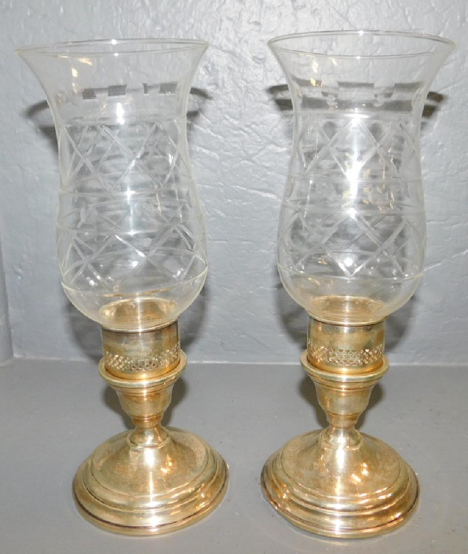 Pr weighted sterl c/stick lamps w/ etched shades. (1 of 1)