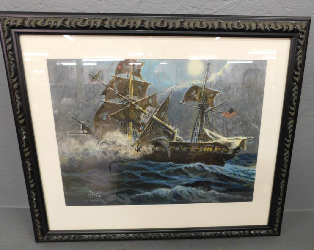 Harris Fiske signed pastel of naval battle scene. (1 of 2)