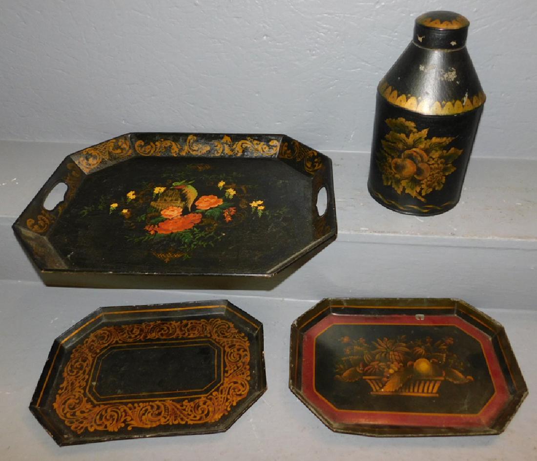 3 Tole trays and Tole tea canister. (1 of 2)