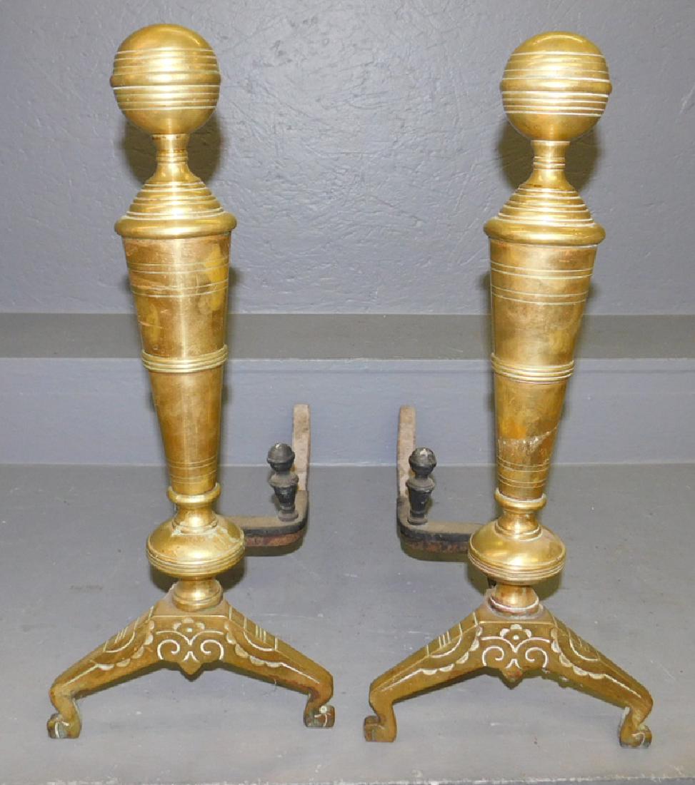 Pair of 19th C cannonball brass andirons. (1 of 1)