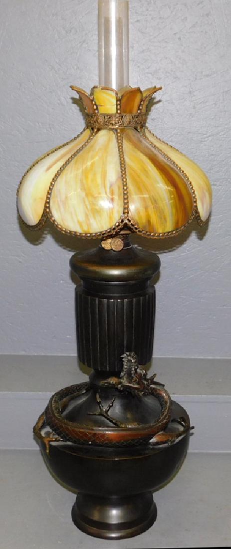 Brass or bronze Oriental lamp & slag glass shade (1 of 5)