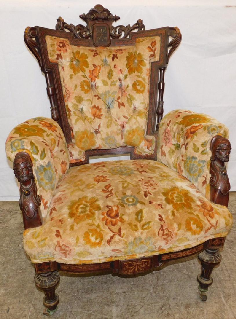 Carved and inlaid walnut Victorian arm chair (1 of 5)