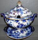 Flow blue 19th C English tureen with under plate