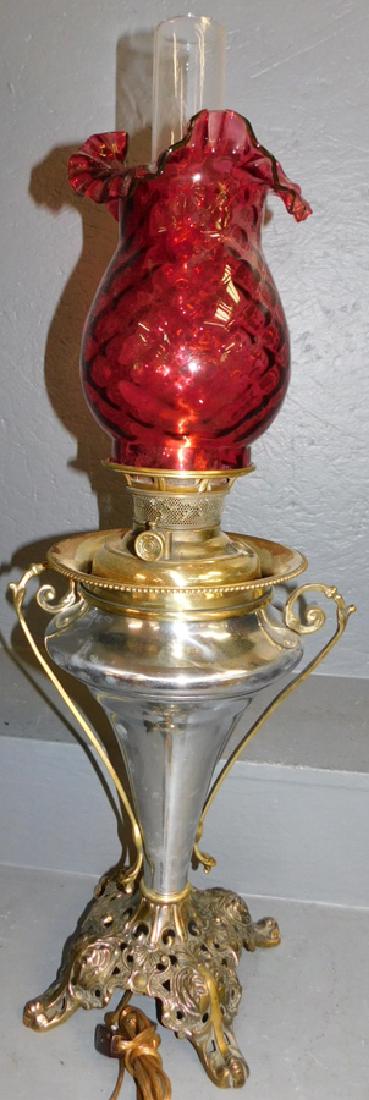 Brass & silver plate trophy lamp w/ cranberry shade (1 of 3)