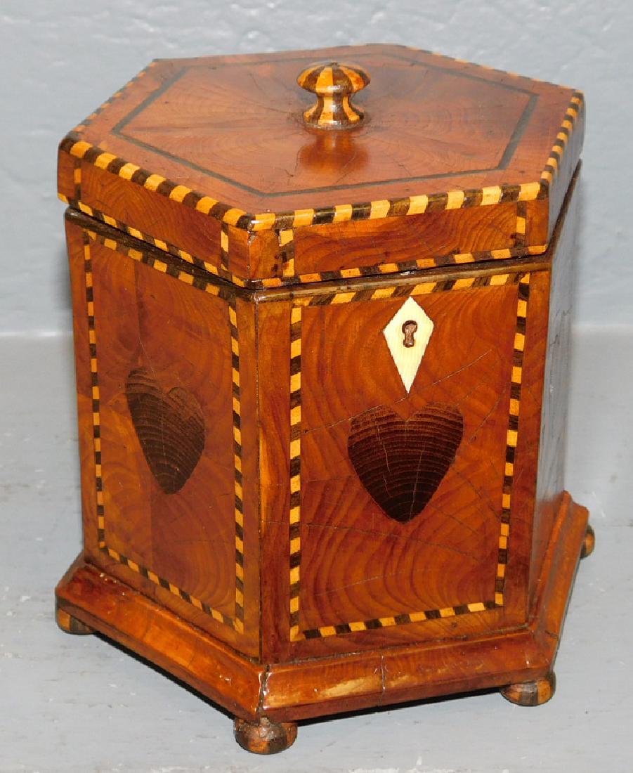 19th C Hexagonal oyster burl inlaid tea caddy (1 of 5)