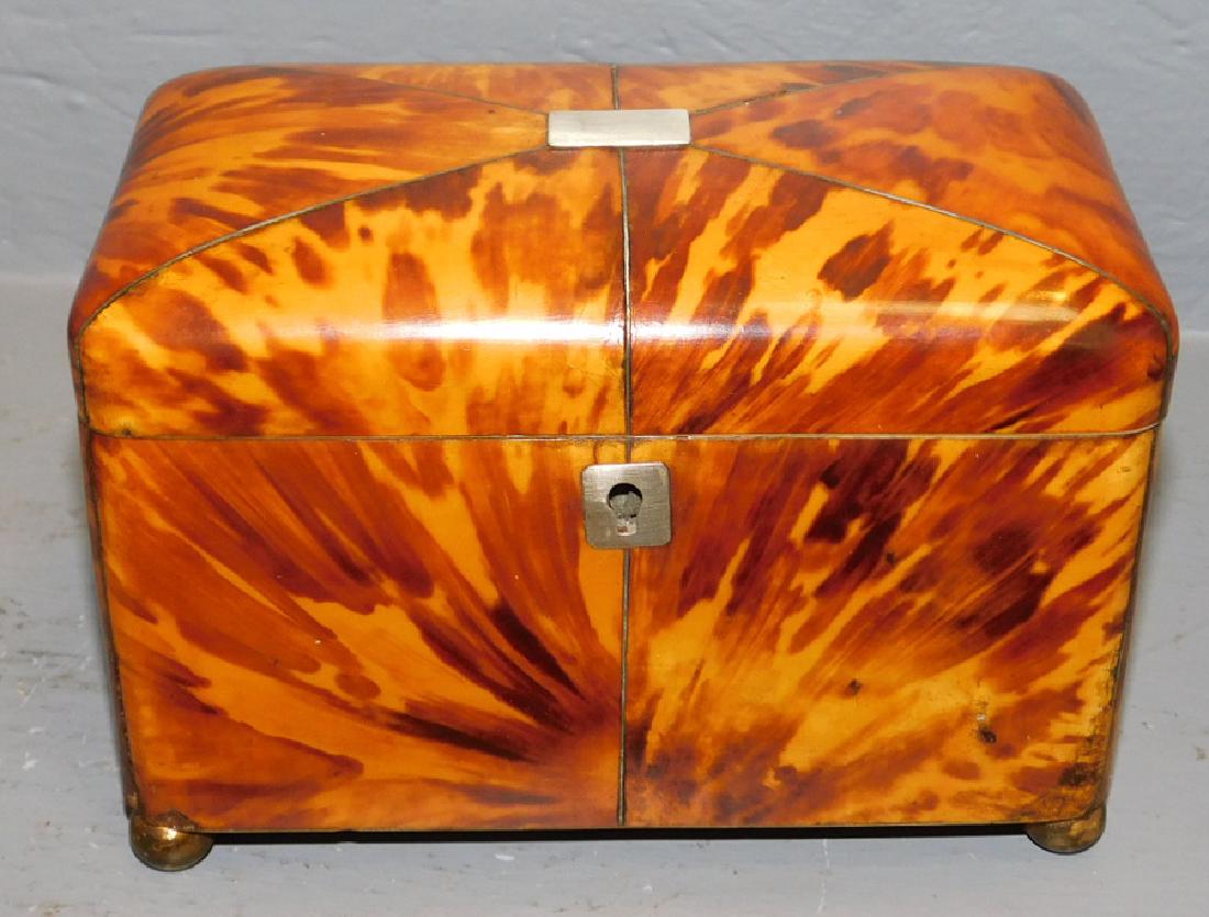 19th C faux tortoise fitted interior tea caddy. (1 of 3)