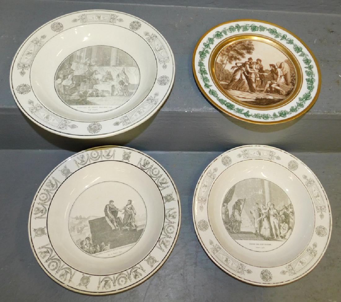 3 early French soup bowls and a plate.: 3 early French soup bowls and a plate. To 9 3/4" dia.