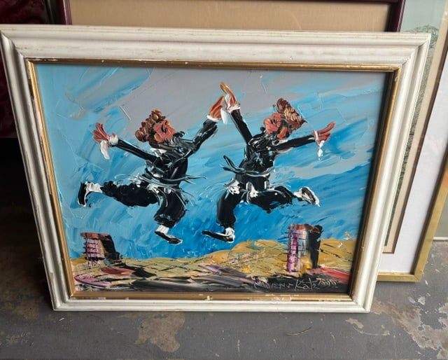 Vintage Morris Katz Oil on Board: Rabbis Dancing on The RoofPainting is in excellent condition. Frame has a destressed look. Measures 24"20"