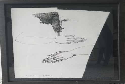 "One Side Or The Other" 1988, by Charles Bibbs American, b. 1948 Black & white original: A striking original figurative work by celebrated Black artist Charles Bibbs, this 1988 composition reflects the artist’s signature exploration of identity, duality, spiritual presence, and the