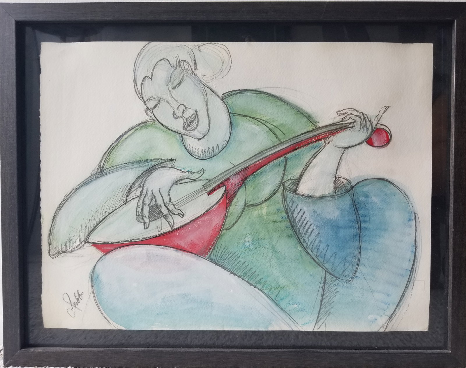 Untitled; Charles Bibbs Original; Mixed Media Musician: A vibrant original work by celebrated Black artist Charles Bibbs, this composition depicts a stylized seated musician rendered with Bibbs’ signature lyrical linework and expressive figuration.