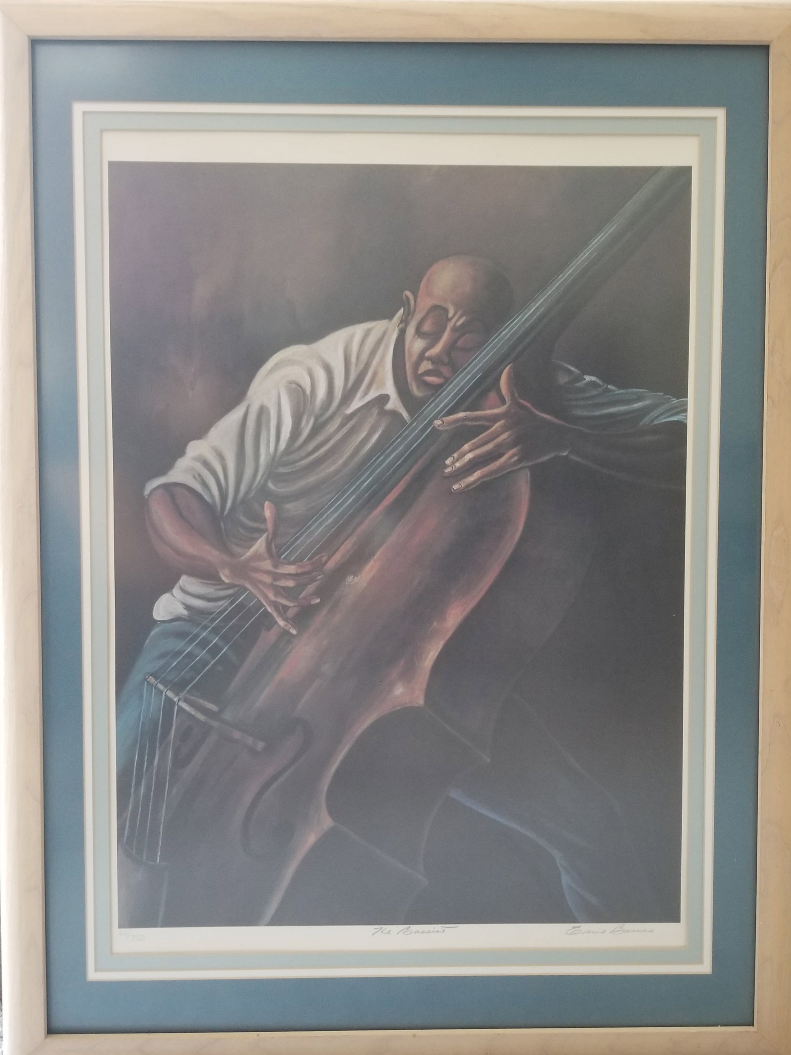 Ernie Barnes "The Bassist": Ernie Barnes (1938-2009) "The Bassist", Limited Edition Lithograph, Signed and Numbered 34 / 750. This highly sought-after, sold-out limited edition print by celebrated artist Ernie Barnes, captures