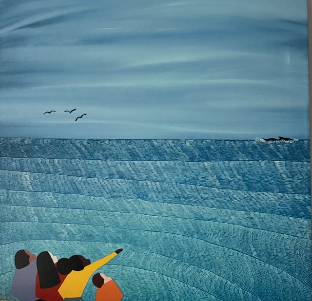 Dolphins: A vibrant original painting by acclaimed Black artist Synthia Saint James, Dolphins captures the artist’s signature use of bold color, simplified forms, and joyful visual storytelling. The compo
