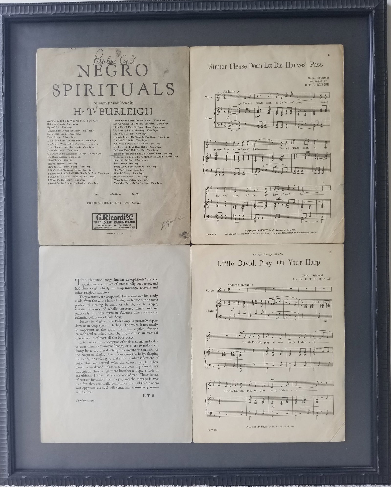Framed. (2) Song sheets: 19th century, slavery era, Negro spirituals. Arranged for Solo Voice by: 19th century, slavery era, Negro spirituals. Arranged for Solo Voice by H.T.Burleigh: (2) Song sheets: "Sinner Please Doan Let Dis Harves' Pass" and "Little David, Play On Your