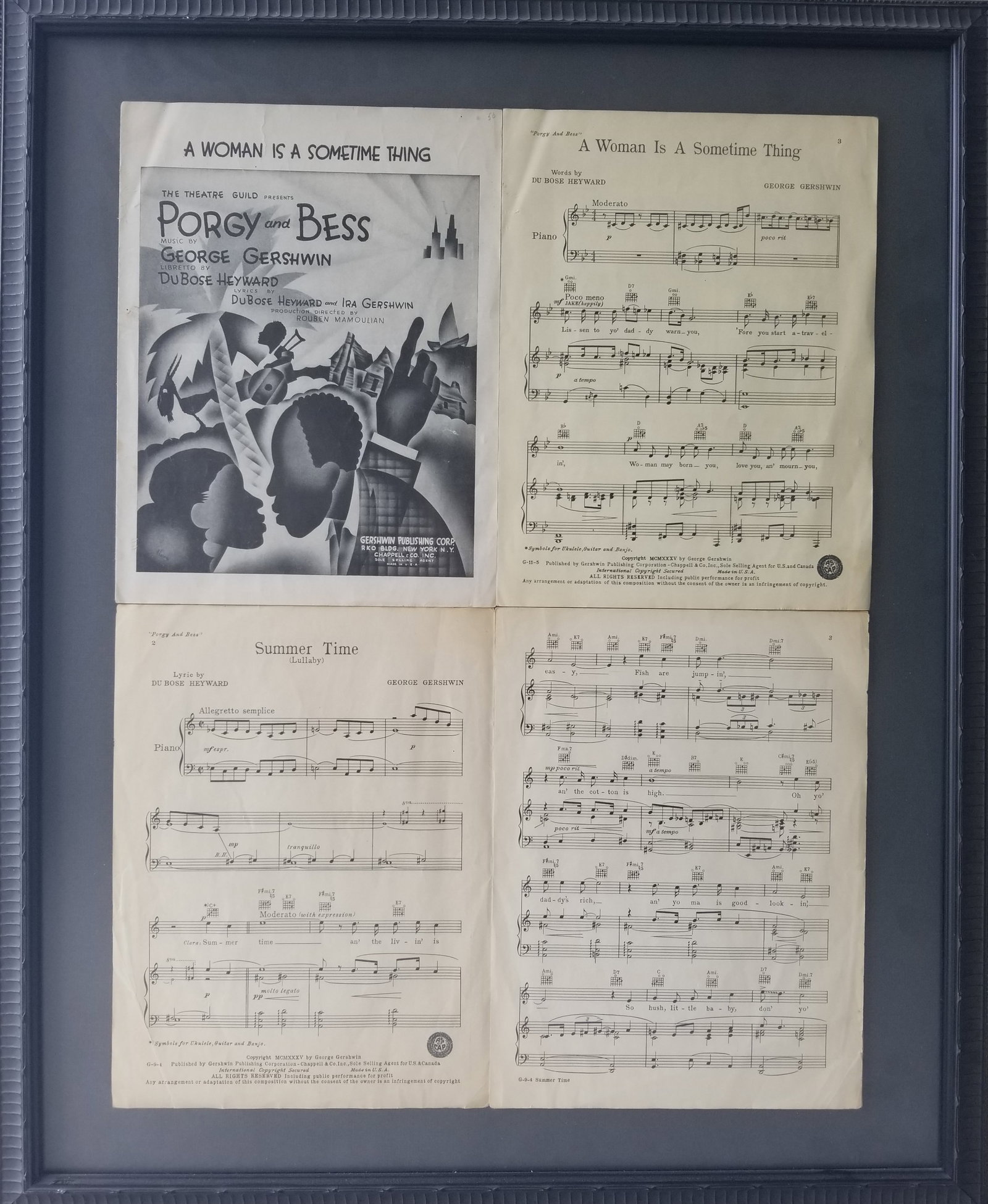 Framed. (2) Song sheets: Porgy and Bess opened on on Broadway 10/30/1935. Music by George Gershwin: (2) Song sheets: Porgy and Bess opened on on Broadway 10/30/1935. Music by George Gershwin and Lyrics by Ira Gershwin and DuBose Heyward. Custom framed.