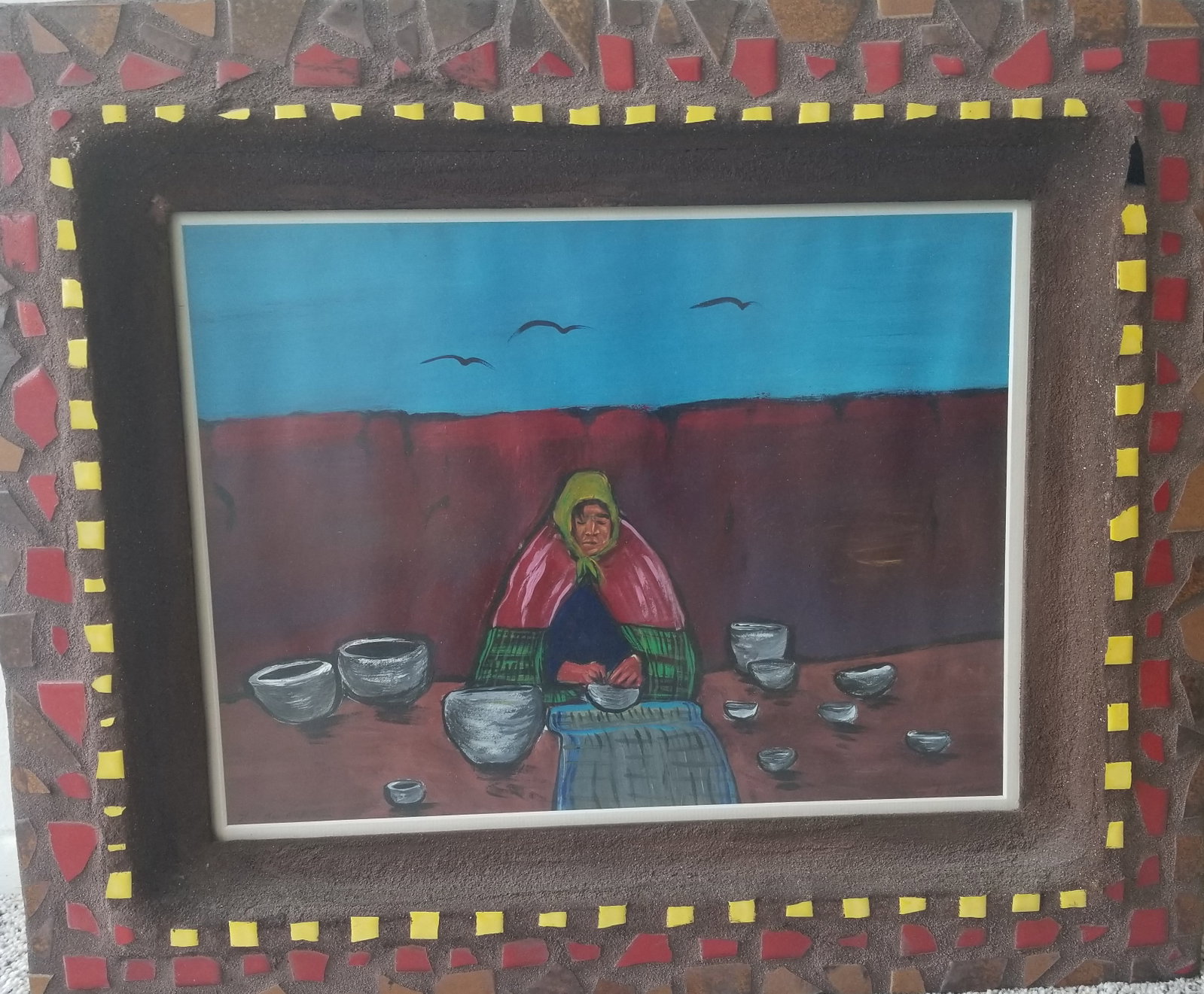 The Jar Maker: Large, signed, original, Southwest, folk-art painting by R.A. Chu, depicting a seated village pottery maker surrounded by earthen vessels beneath a vivid turquoise sky. Executed in expressive earth
