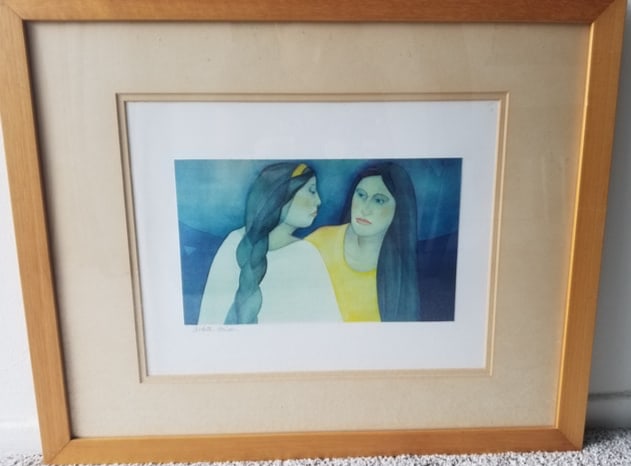 Hermanas: Original lithograph, artist signed lower left; presented matted and framed under glass. Known for her vibrant use of color and depictions of women, "Hermanas" by artist Arlette Heise, reflects the art